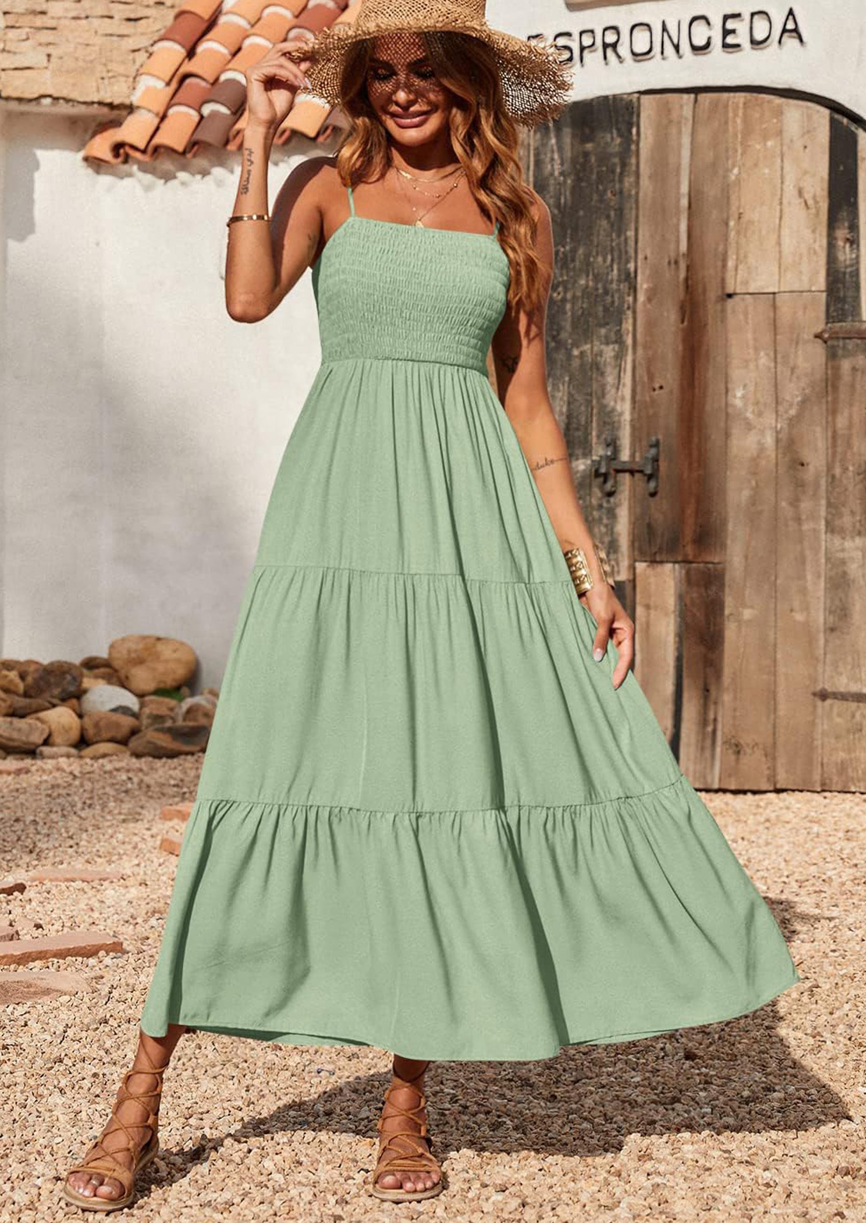 PRETTYGARDEN Women's Summer Maxi Dress Casual Boho Sleeveless Spaghetti Strap Smocked Tiered Long Beach Sundresses PRETTYGARDEN