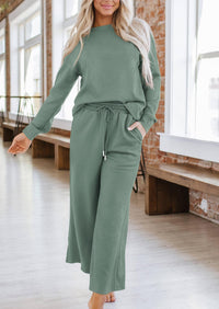 2 Piece Outfits Fall Casual Long Sleeve Pullover Tops and Wide Leg Pants Knitted Lounge Sets