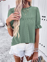 Casual Crew Neck Ruffle Short Sleeve Eyelet Babydoll Blouse