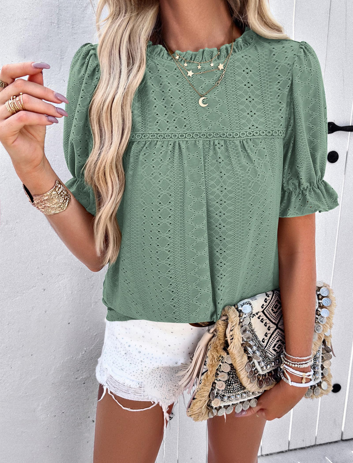 Casual Crew Neck Ruffle Short Sleeve Eyelet Babydoll Blouse