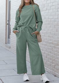 2 Piece Outfits Fall Casual Long Sleeve Pullover Tops and Wide Leg Pants Knitted Lounge Sets