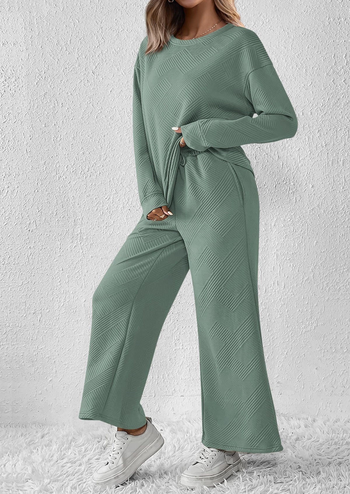 2 Piece Outfits Fall Casual Long Sleeve Pullover Tops and Wide Leg Pants Knitted Lounge Sets