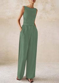 PRETTYGARDEN One Piece Jumpsuits for Women Dressy Casual Sleeveless Crewneck Wide Leg Rompers Jumpers Vacation Summer Outfits
