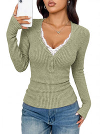 PRETTYGARDEN Women's Lace Trim Ribbed Knit Henley Long Sleeve Shirts Lightweight Button Up V Neck Pullover Tops, Dressy Casual Slim Fit Ladies Blouses, 2026 Early Fall Fashion Y2k Outfits