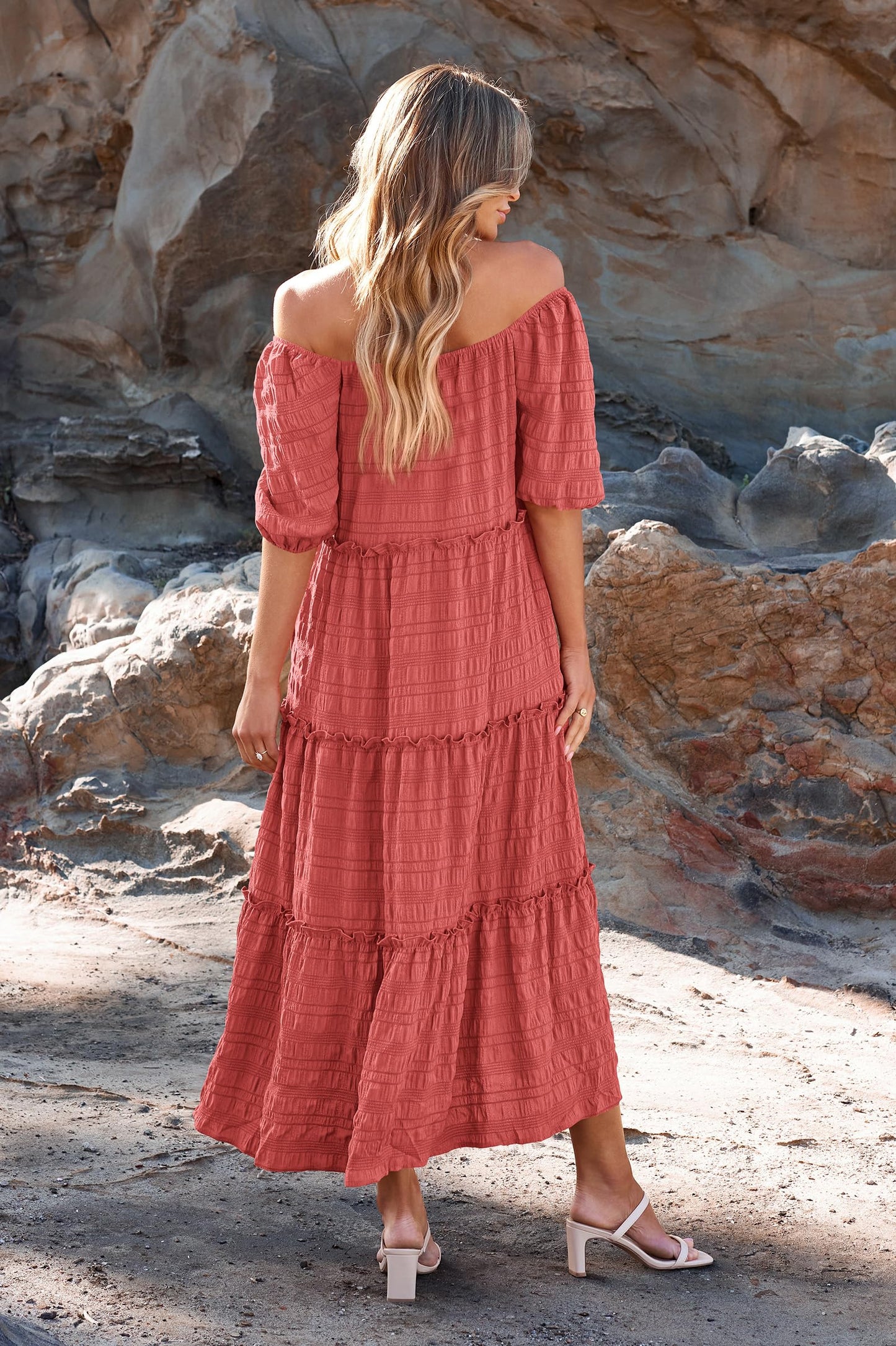 Casual Maxi Dresses Summer Short Sleeve Off The Shoulder Ruffle Tiered Flowy Boho Party Beach Long Dress