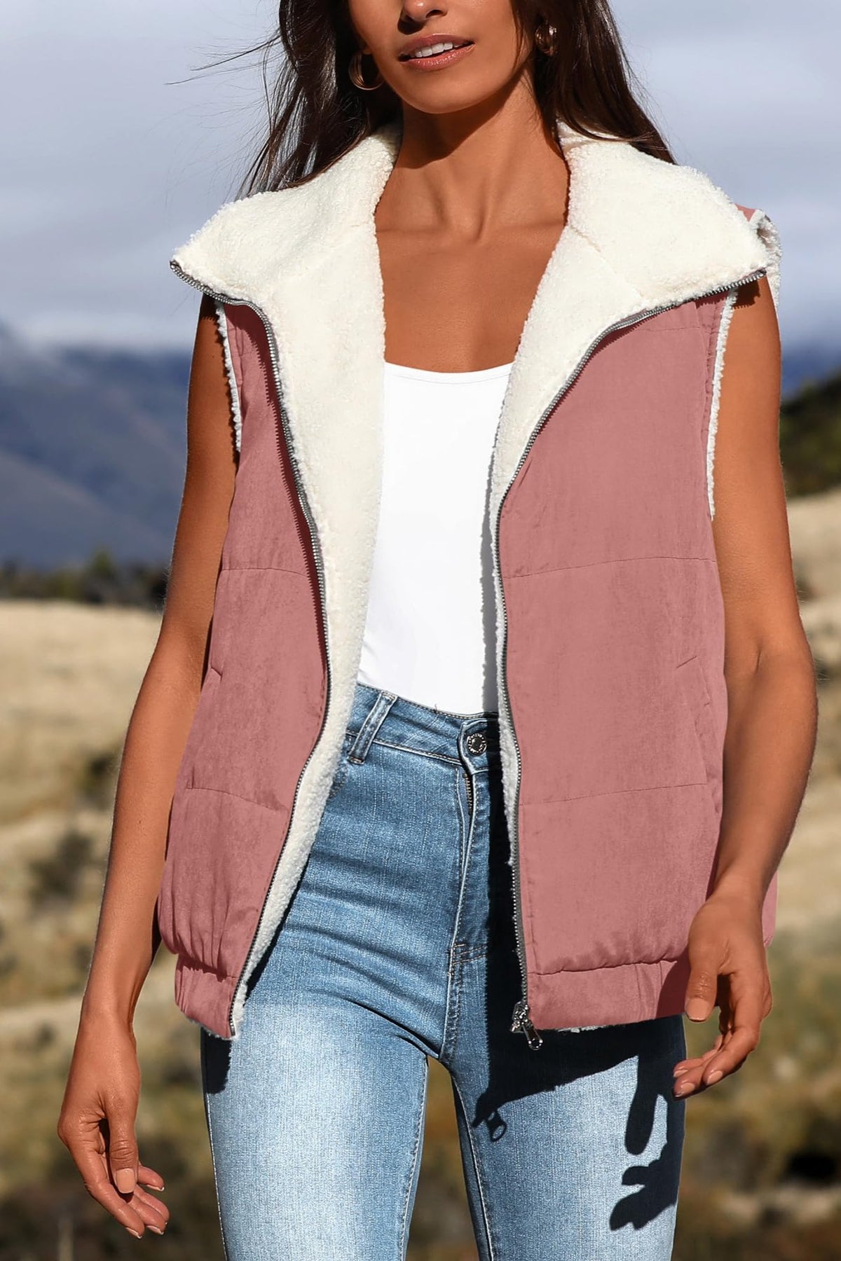 Sherpa Fleece Vest Zip Up Sleeveless Reversible Winter Warm Puffer Jacket Outerwear