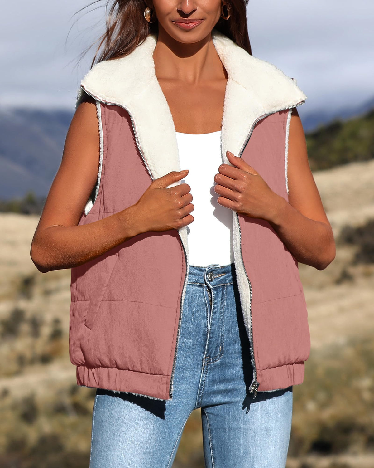 Sherpa Fleece Vest Zip Up Sleeveless Reversible Winter Warm Puffer Jacket Outerwear