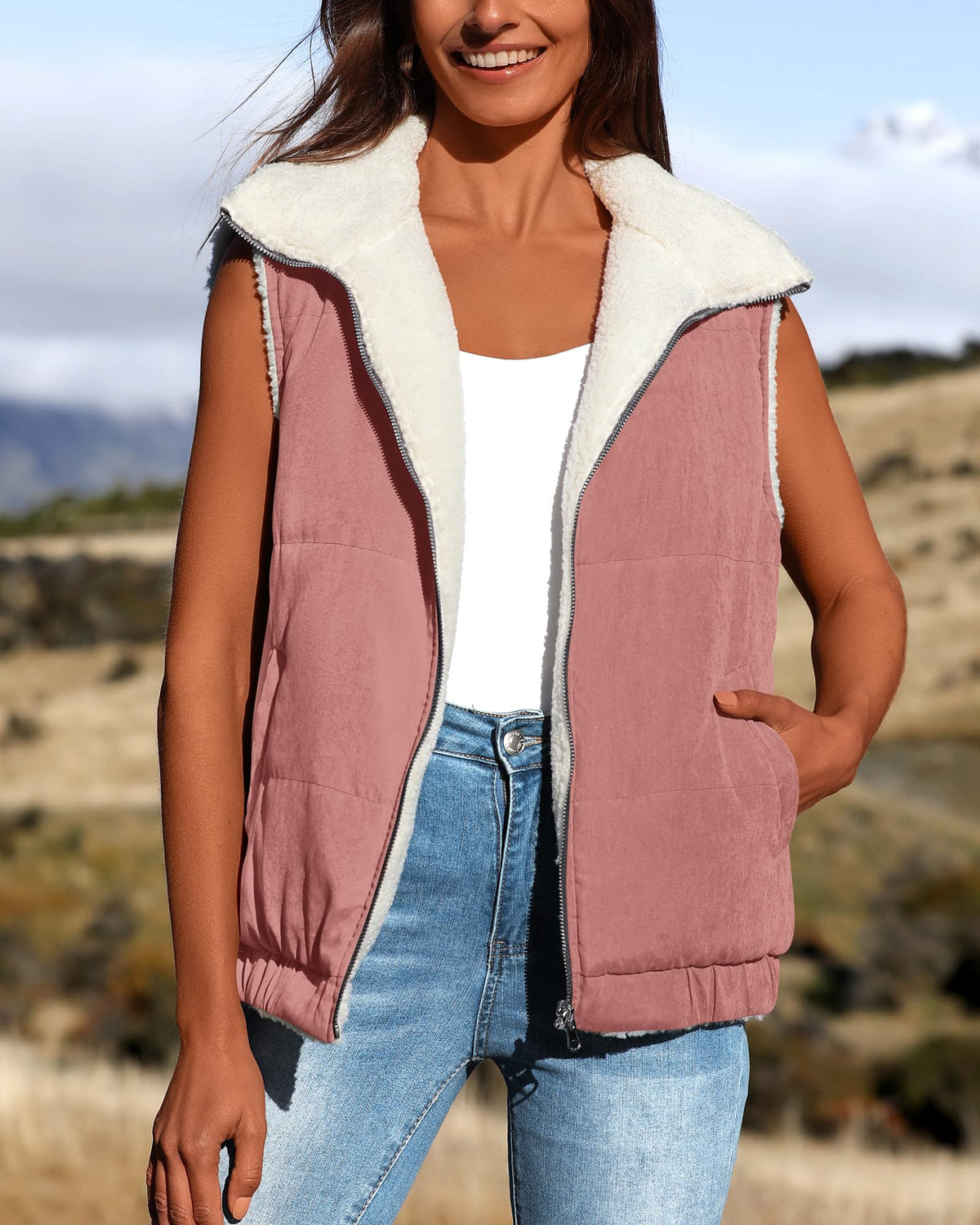 Sherpa Fleece Vest Zip Up Sleeveless Reversible Winter Warm Puffer Jacket Outerwear