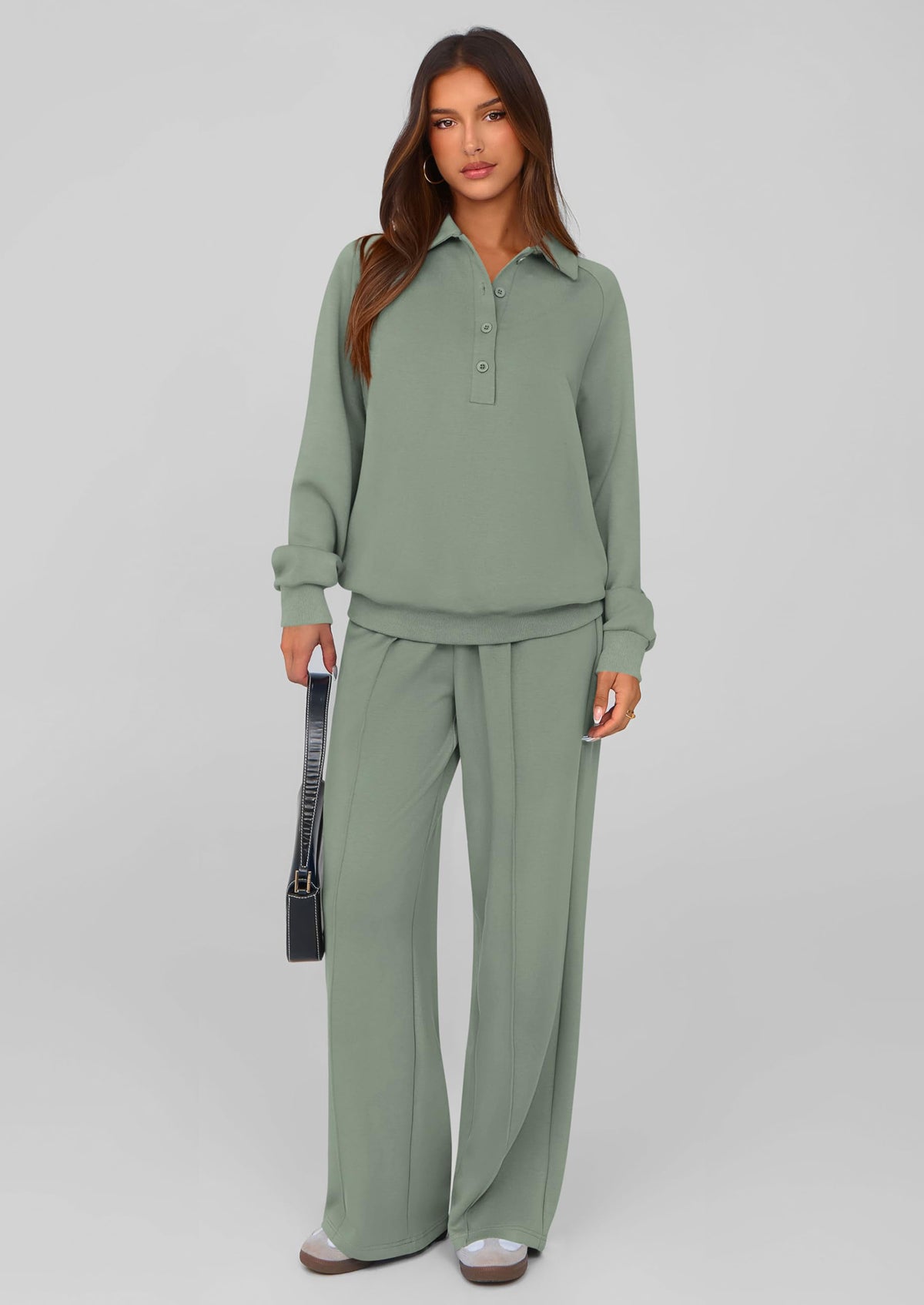 PRETTYGARDEN Women Fall 2 Piece Outfits Sweatsuits Quarter Button Long Sleeve Sweatshirt Wide Leg Pants Tracksuit Lounge Sets
