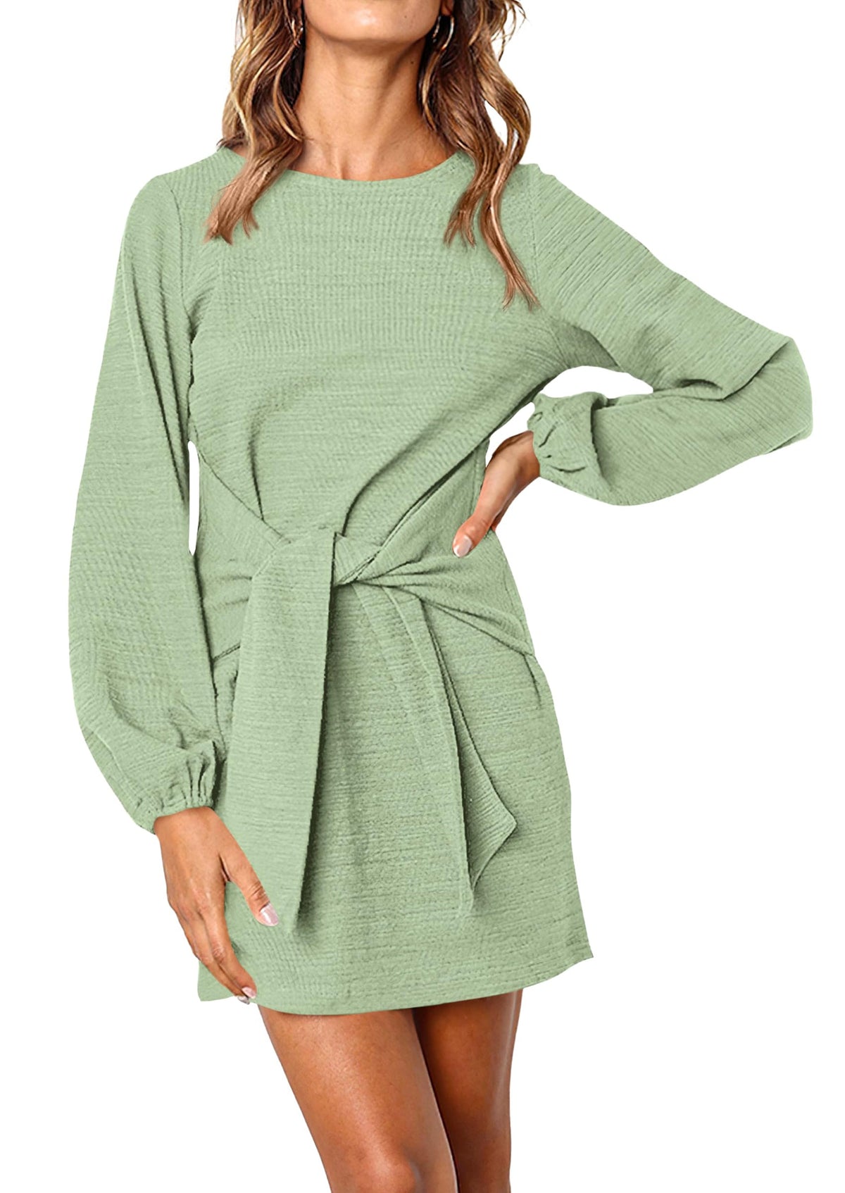 PRETTYGARDEN Womens Fall Elegant Long Lantern Sleeve Short Dress Wedding Guest Crewneck Tie Waist Knit Cocktail Dresses PRETTYGARDEN