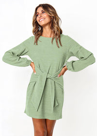 PRETTYGARDEN Womens Fall Elegant Long Lantern Sleeve Short Dress Wedding Guest Crewneck Tie Waist Knit Cocktail Dresses PRETTYGARDEN