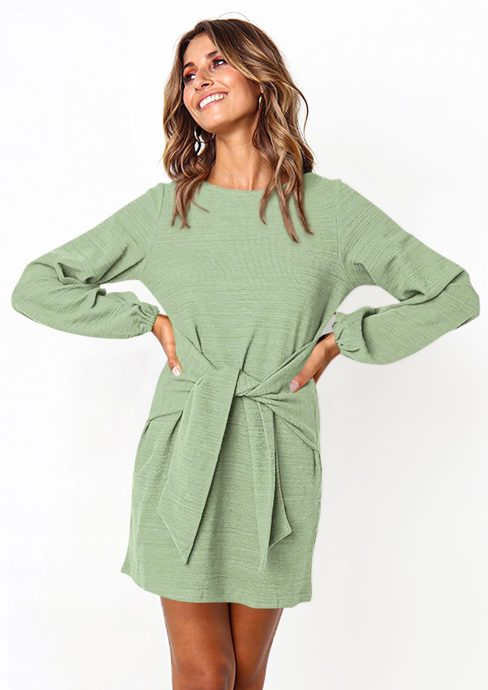 PRETTYGARDEN Womens Fall Elegant Long Lantern Sleeve Short Dress Wedding Guest Crewneck Tie Waist Knit Cocktail Dresses PRETTYGARDEN