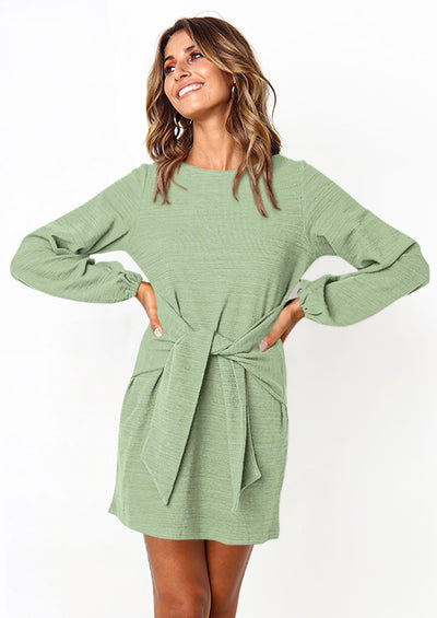 PRETTYGARDEN Womens Fall Elegant Long Lantern Sleeve Short Dress Wedding Guest Crewneck Tie Waist Knit Cocktail Dresses PRETTYGARDEN