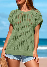 PRETTYGARDEN Womens Spring Tops Summer Shirts Crochet Cap Sleeve Sweater Pullover Cute Beach Vacation Clothes