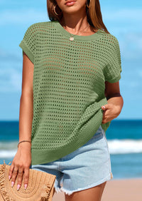 PRETTYGARDEN Womens Spring Tops Summer Shirts Crochet Cap Sleeve Sweater Pullover Cute Beach Vacation Clothes