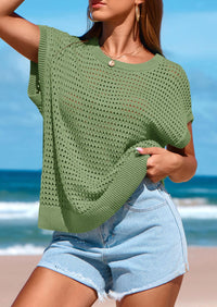 PRETTYGARDEN Womens Spring Tops Summer Shirts Crochet Cap Sleeve Sweater Pullover Cute Beach Vacation Clothes