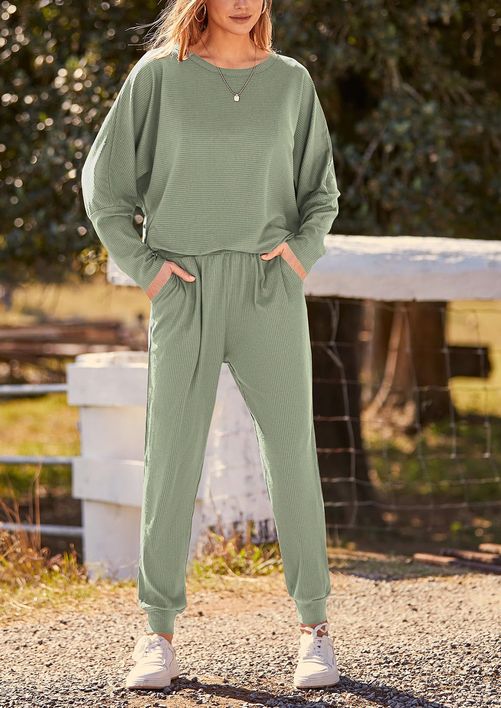 PRETTYGARDEN Women's Fall 2 Piece Lounge Set Long Sleeve Tops Ribbed Pants Spring Matching Sweatsuit Travel Outfits Clothes