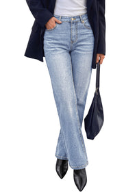 PRETTYGARDEN Womens Jeans Straight Leg Stretchy High Waist | Classic Rigid Structured Tummy Control Pants with Practical Pockets, Ideal for Business Office, Daily Casual, Back to School