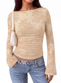 PRETTYGARDEN Women's Bell Sleeve Floral Mesh Crop Tops | Slim Fitted Shirts, Long Sleeve Going Out Top, Ruched Front, Boat Neck, Casual Blouses, Fall Date Night Outfits, Y2K Clothes