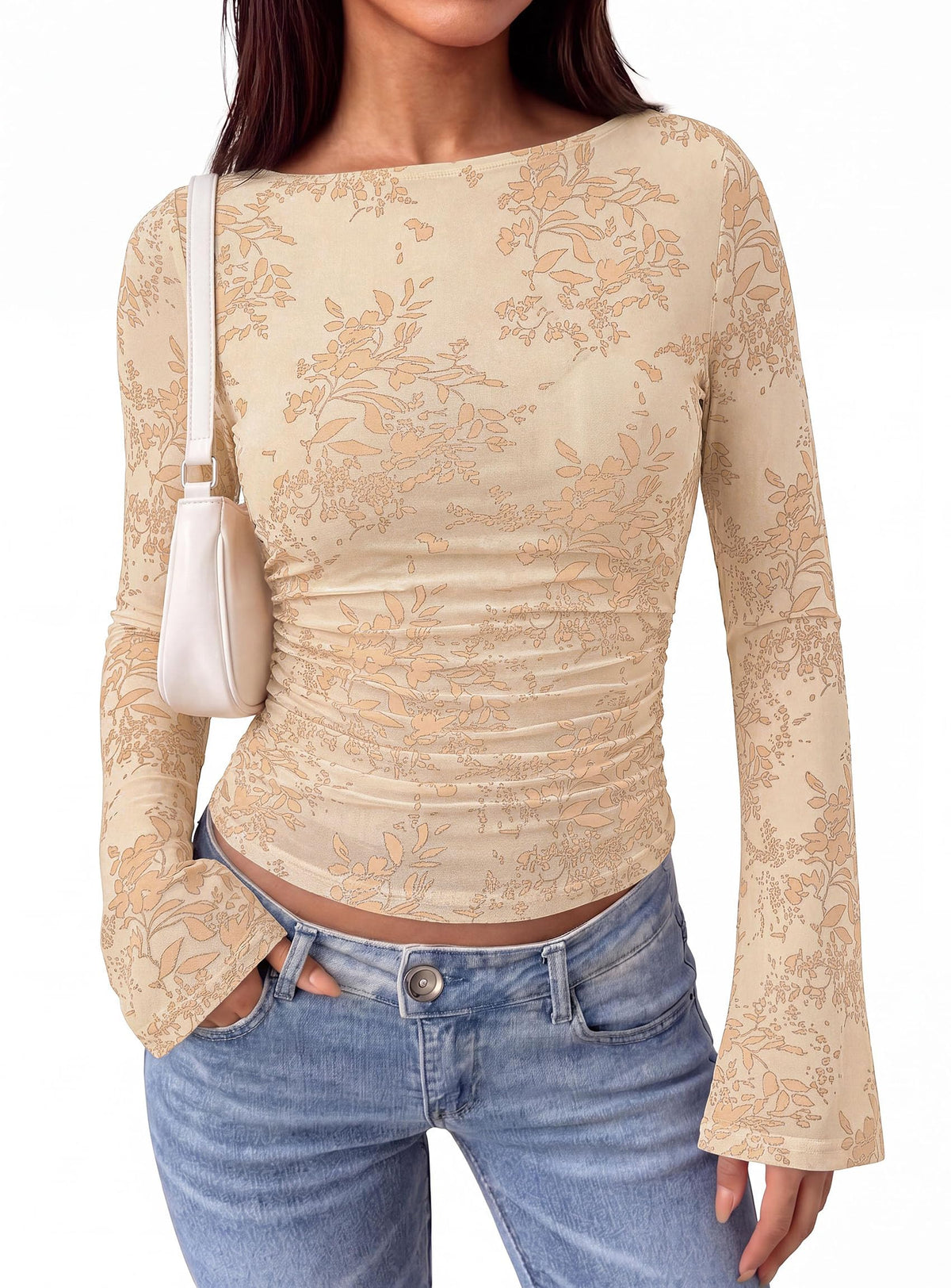 PRETTYGARDEN Women's Bell Sleeve Floral Mesh Crop Tops | Slim Fitted Shirts, Long Sleeve Going Out Top, Ruched Front, Boat Neck, Casual Blouses, Fall Date Night Outfits, Y2K Clothes