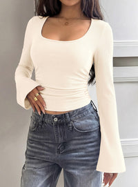 PRETTYGARDEN Womens Long Bell Sleeve Going Out Tops Fall Fashion 2026 Square Neck Ruched Ribbed Shirts Winter Y2K Clothes