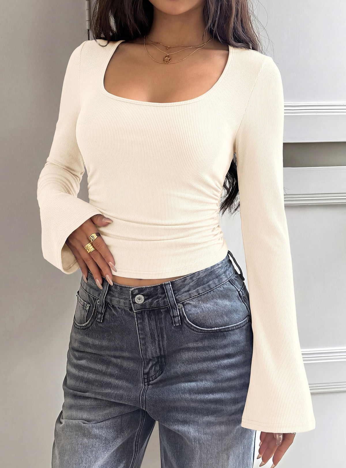 PRETTYGARDEN Womens Long Bell Sleeve Going Out Tops Fall Fashion 2026 Square Neck Ruched Ribbed Shirts Winter Y2K Clothes