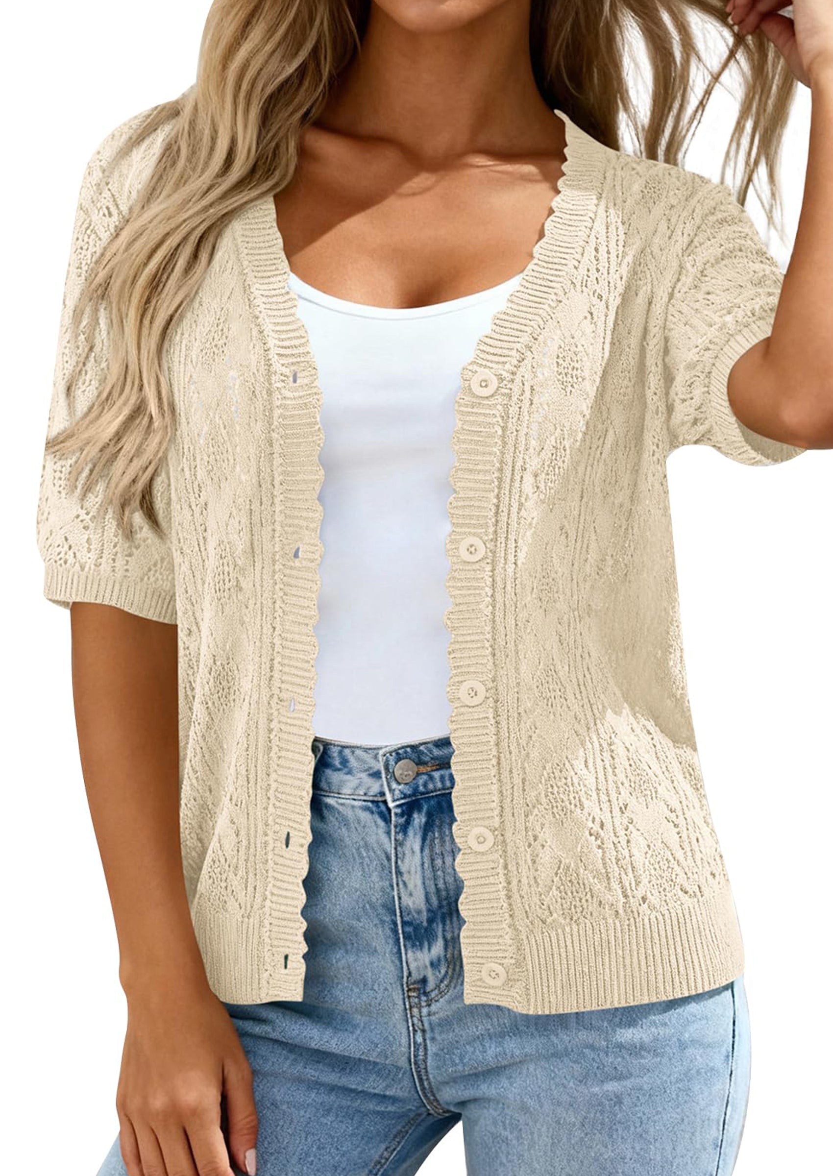 PRETTYGARDEN Short Sleeve Crochet Knit Summer Cardigans for Women Lightweight Button Down Hollow Out Sweater Beach Cover Up PRETTYGARDEN