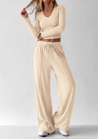PRETTYGARDEN Women's 2 Piece Lounge Sets Matching Clothing  | V Neck Long Sleeve , Wide Leg Pants Pockets, Airport Travel Outfits, Soft Ribbed Knit, Drawstring Waist, Fall Resort Wear