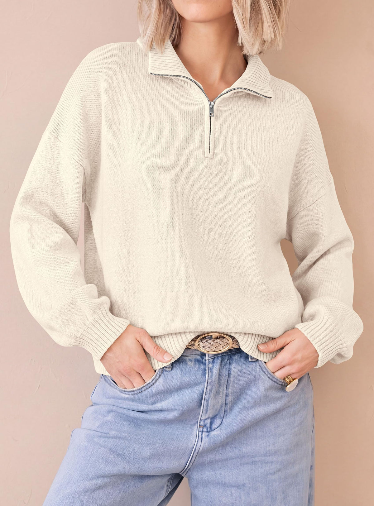 PRETTYGARDEN Women's Quarter Zip Pullover Oversized Sweaters | Collared Neck, Long Balloon Sleeve, Jumper Tops, Soft Cozy Knit, Ribbed Hem, Loose Fit, Fall Outfits, Winter Fashion Clothing