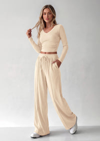 PRETTYGARDEN Women's 2 Piece Lounge Sets Matching Clothing  | V Neck Long Sleeve , Wide Leg Pants Pockets, Airport Travel Outfits, Soft Ribbed Knit, Drawstring Waist, Fall Resort Wear