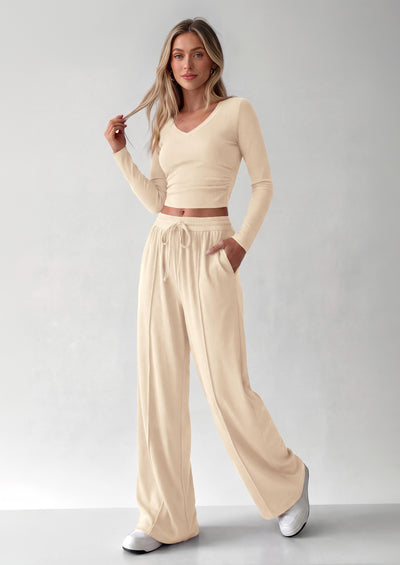 PRETTYGARDEN Women's 2 Piece Lounge Sets Matching Clothing  | V Neck Long Sleeve , Wide Leg Pants Pockets, Airport Travel Outfits, Soft Ribbed Knit, Drawstring Waist, Fall Resort Wear