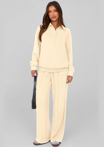 PRETTYGARDEN Women Fall 2 Piece Outfits Sweatsuits Quarter Button Long Sleeve Sweatshirt Wide Leg Pants Tracksuit Lounge Sets