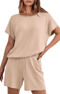 PRETTYGARDEN Two Piece Set for Women Summer Lounge Sets Shorts And Short Sleeve Tops Knitted Matching Travel Spring Outfits PRETTYGARDEN