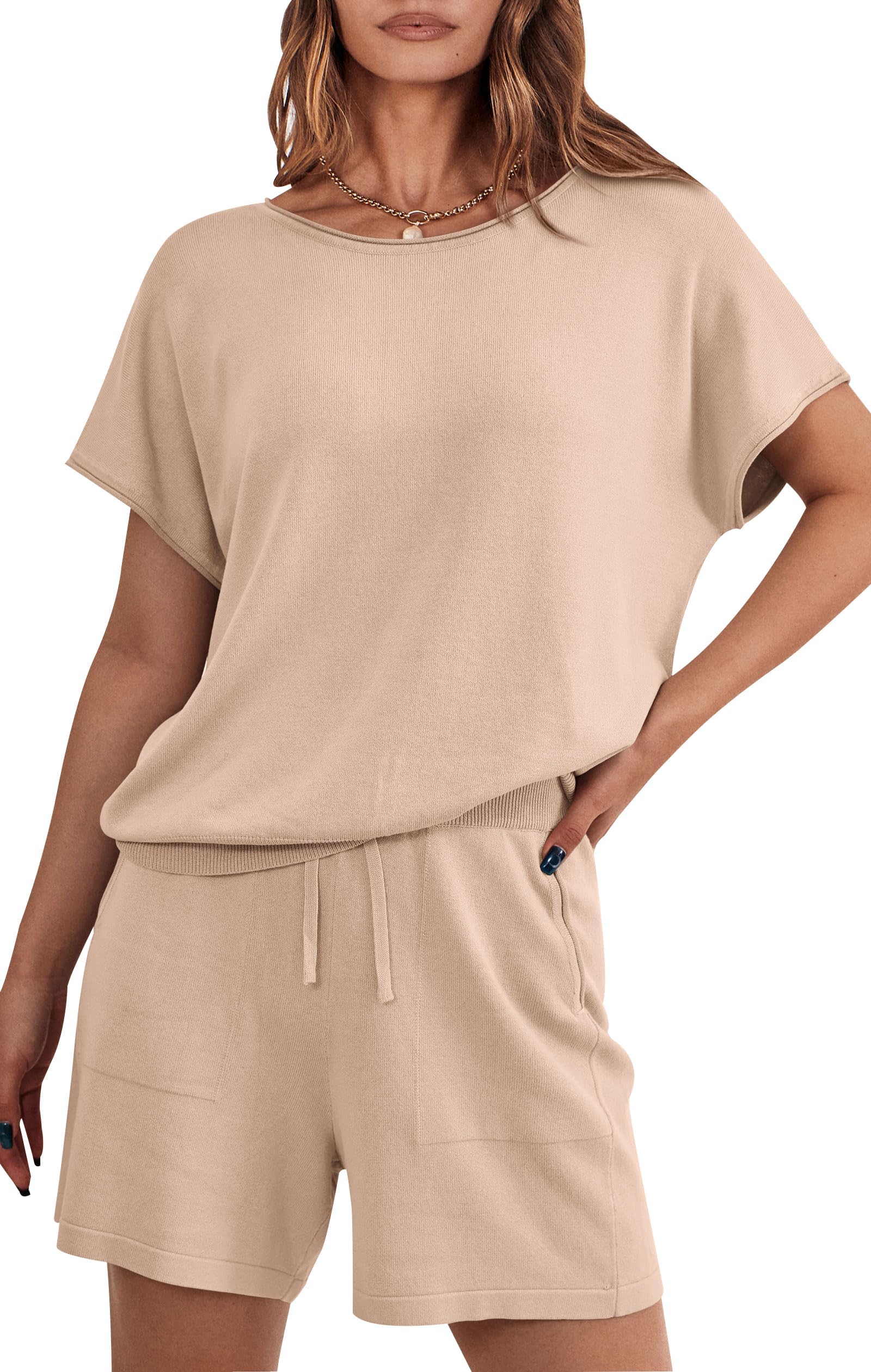 PRETTYGARDEN Two Piece Set for Women Summer Lounge Sets Shorts And Short Sleeve Tops Knitted Matching Travel Spring Outfits PRETTYGARDEN