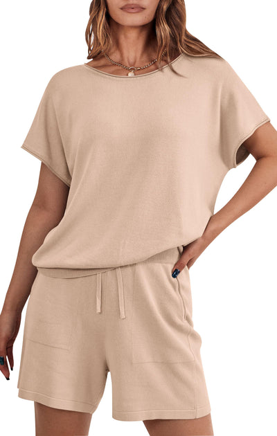 PRETTYGARDEN Two Piece Set for Women Summer Lounge Sets Shorts And Short Sleeve Tops Knitted Matching Travel Spring Outfits PRETTYGARDEN