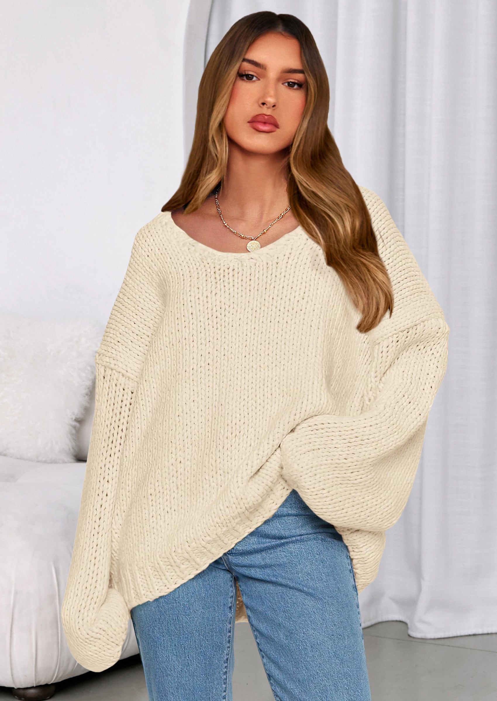 PRETTYGARDEN Women's Fall Oversized Sweaters Long Sleeve V Neck Dressy Casual Chunky Knit Loose Pullover Tops Winter Clothing