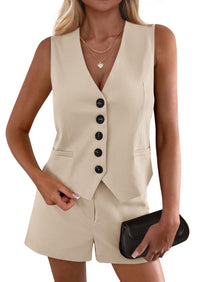 PRETTYGARDEN 2 Piece Sets for Women Spring Fashion Button Vest Tops High Waist Shorts Summer Business Casual Outfits PRETTYGARDEN