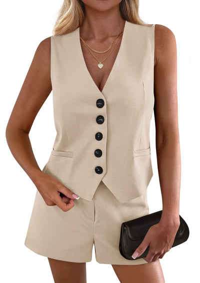 PRETTYGARDEN 2 Piece Sets for Women Spring Fashion Button Vest Tops High Waist Shorts Summer Business Casual Outfits PRETTYGARDEN
