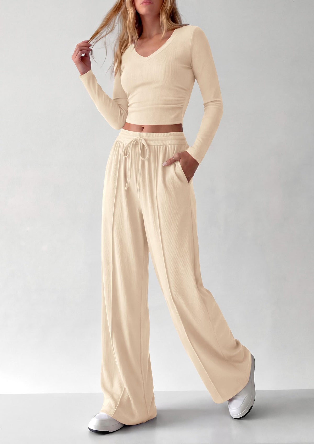 PRETTYGARDEN Women's 2 Piece Lounge Sets Matching Clothing  | V Neck Long Sleeve , Wide Leg Pants Pockets, Airport Travel Outfits, Soft Ribbed Knit, Drawstring Waist, Fall Resort Wear