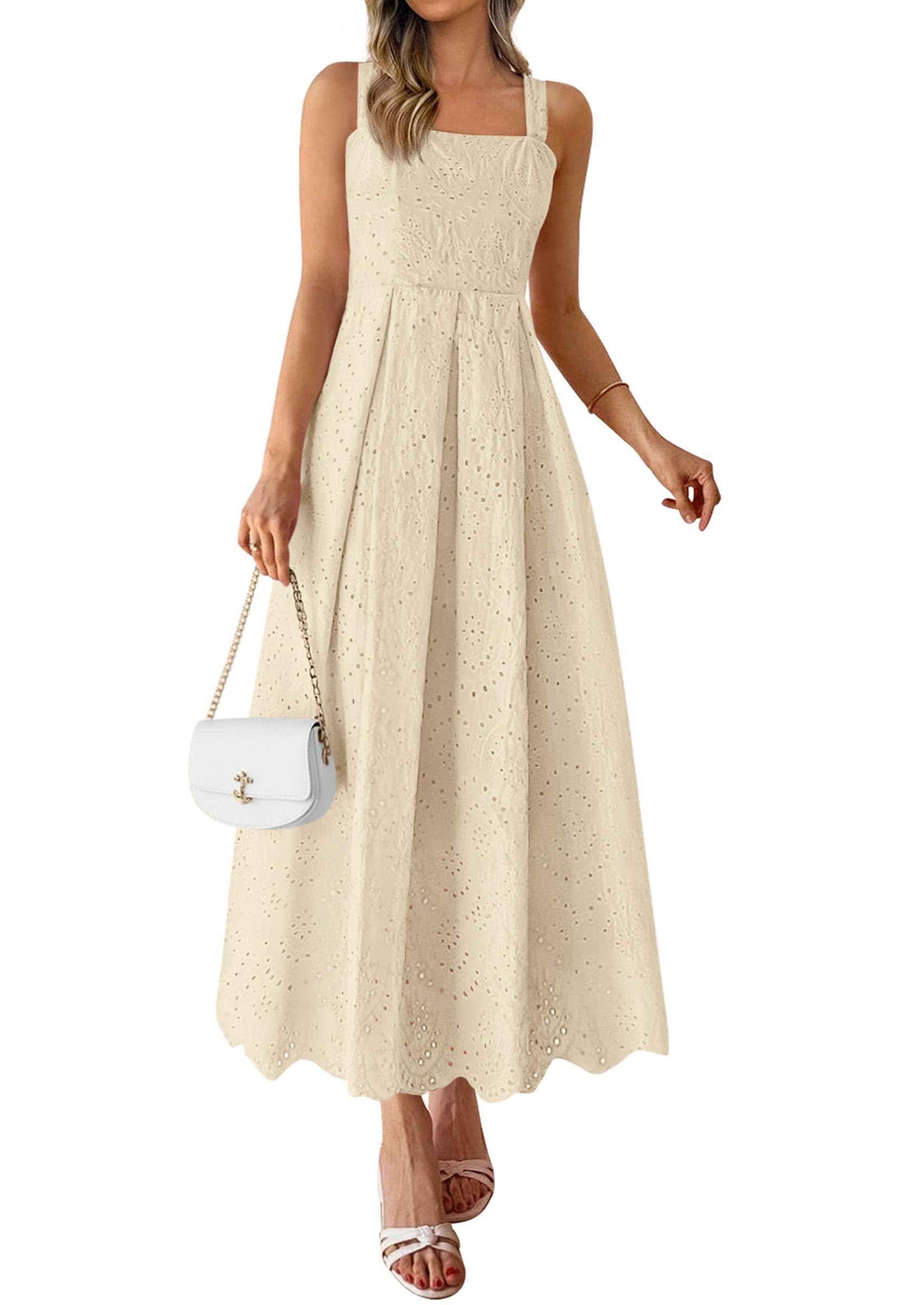 PRETTYGARDEN Womens Sleeveless Maxi Summer Dresses Hollow Out Eyelet Square Neck Ruffle Flowy Beach Vacation Sundress PRETTYGARDEN