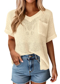 PRETTYGARDEN Women's Spring Short Sleeve Sweaters Lightweight V Neck Casual Going Out Summer T PRETTYGARDEN