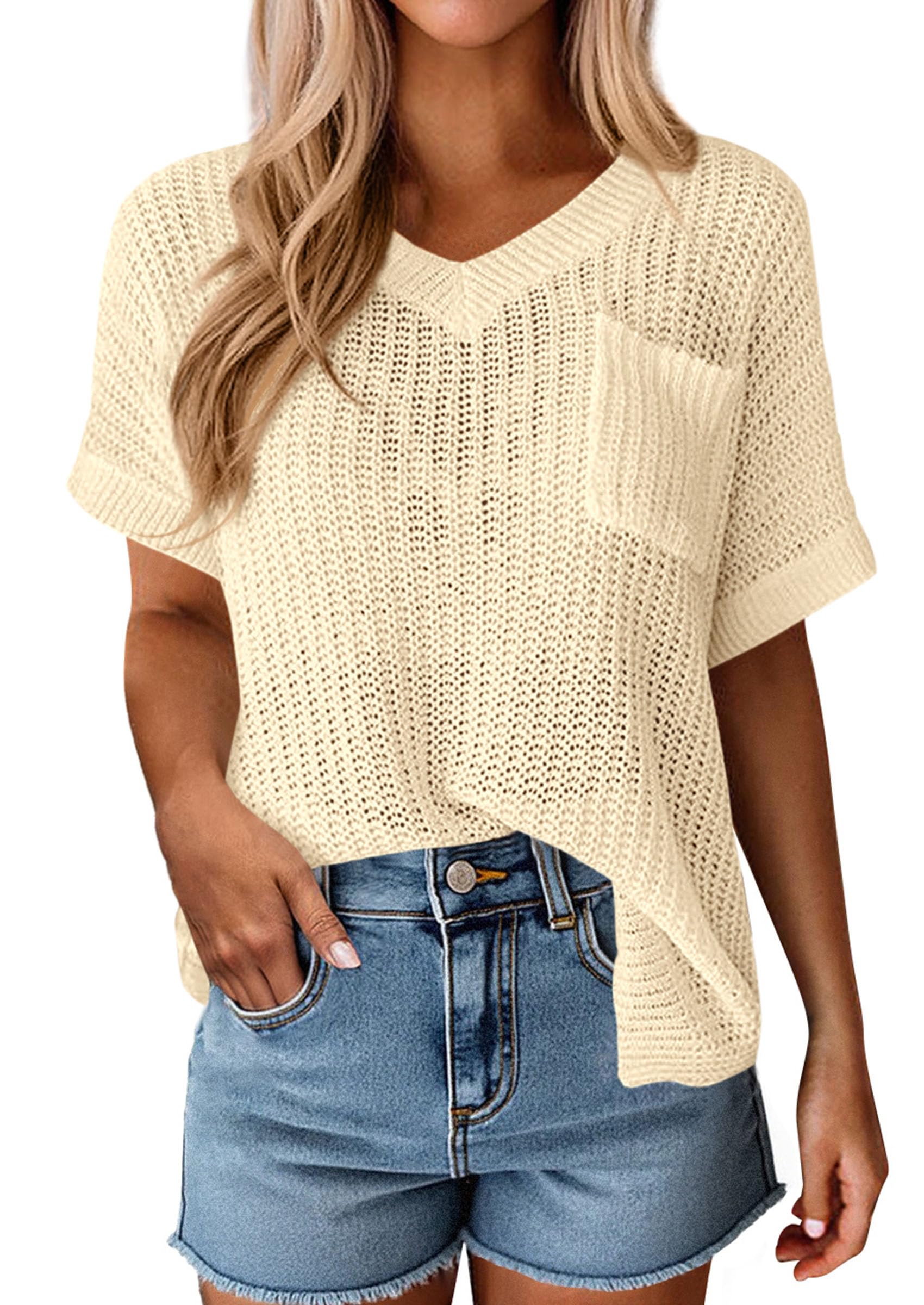 PRETTYGARDEN Women's Spring Short Sleeve Sweaters Lightweight V Neck Casual Going Out Summer T PRETTYGARDEN