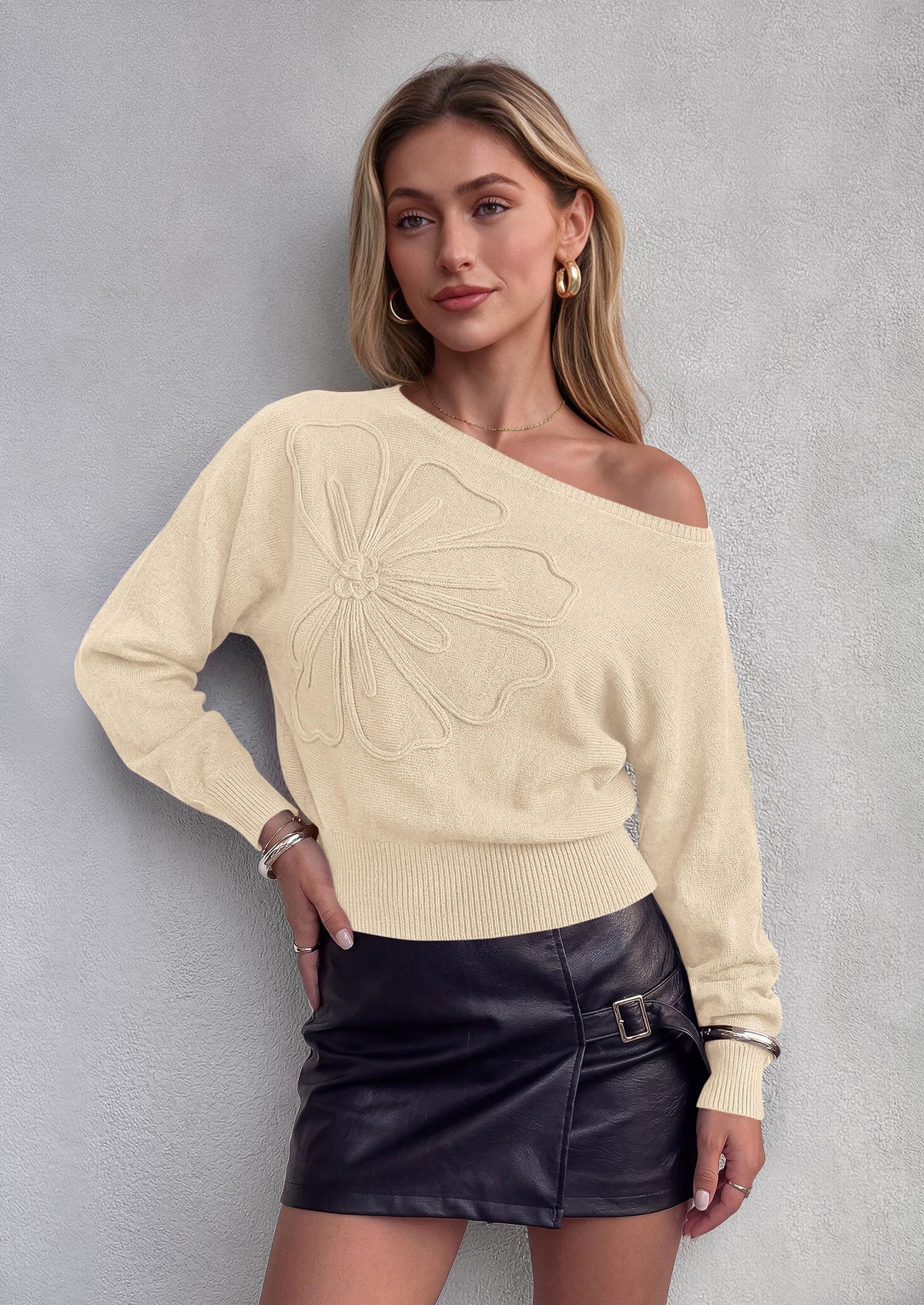PRETTYGARDEN Women's Fall Off The Shoulder Sweater Tops   | 3D Flower Off Shoulder Sweater, Cinched Waist, Long Sleeve Cropped Sweaters, Knit Pullover Tops, Trendy Date Night Outfit