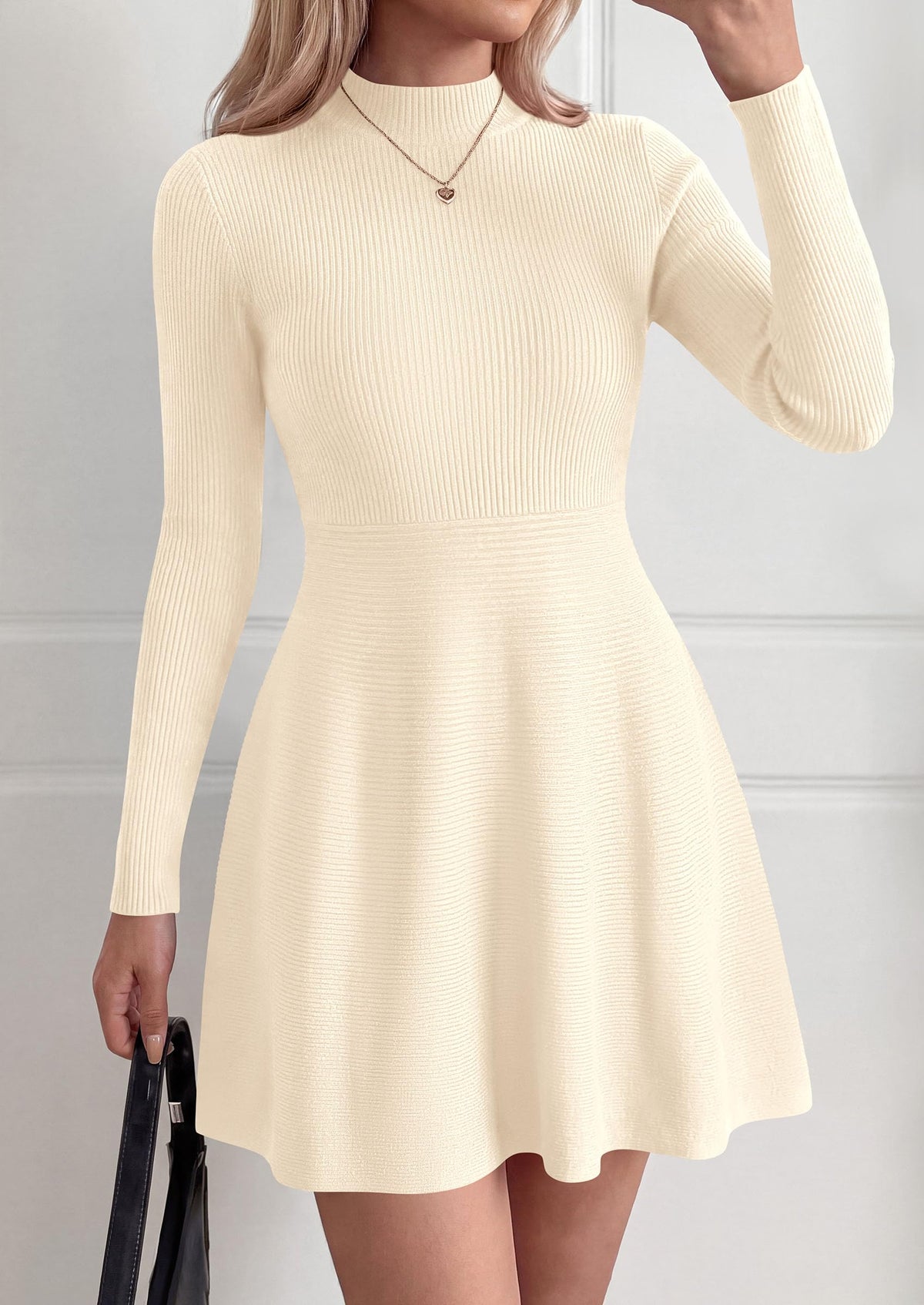 PRETTYGARDEN Womens Mock Neck Long Sleeve Sweater Mini Dress | Soft Ribbed Knit Flared A‑Line, Elegant Fall Winter Dresses for Wedding Guest, Cocktail & Holiday Party Casual Outfits