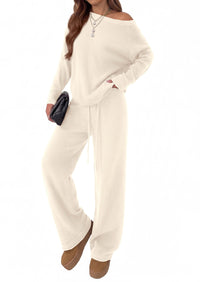 PRETTYGARDEN Lounge Sets Womens Two Piece Outfits  Cozy Boat Neck Long Sleeve , Wide Leg Pants with Drawstring, Casual Fall Fashion 2026 Airport & Travel, Knit Matching Set