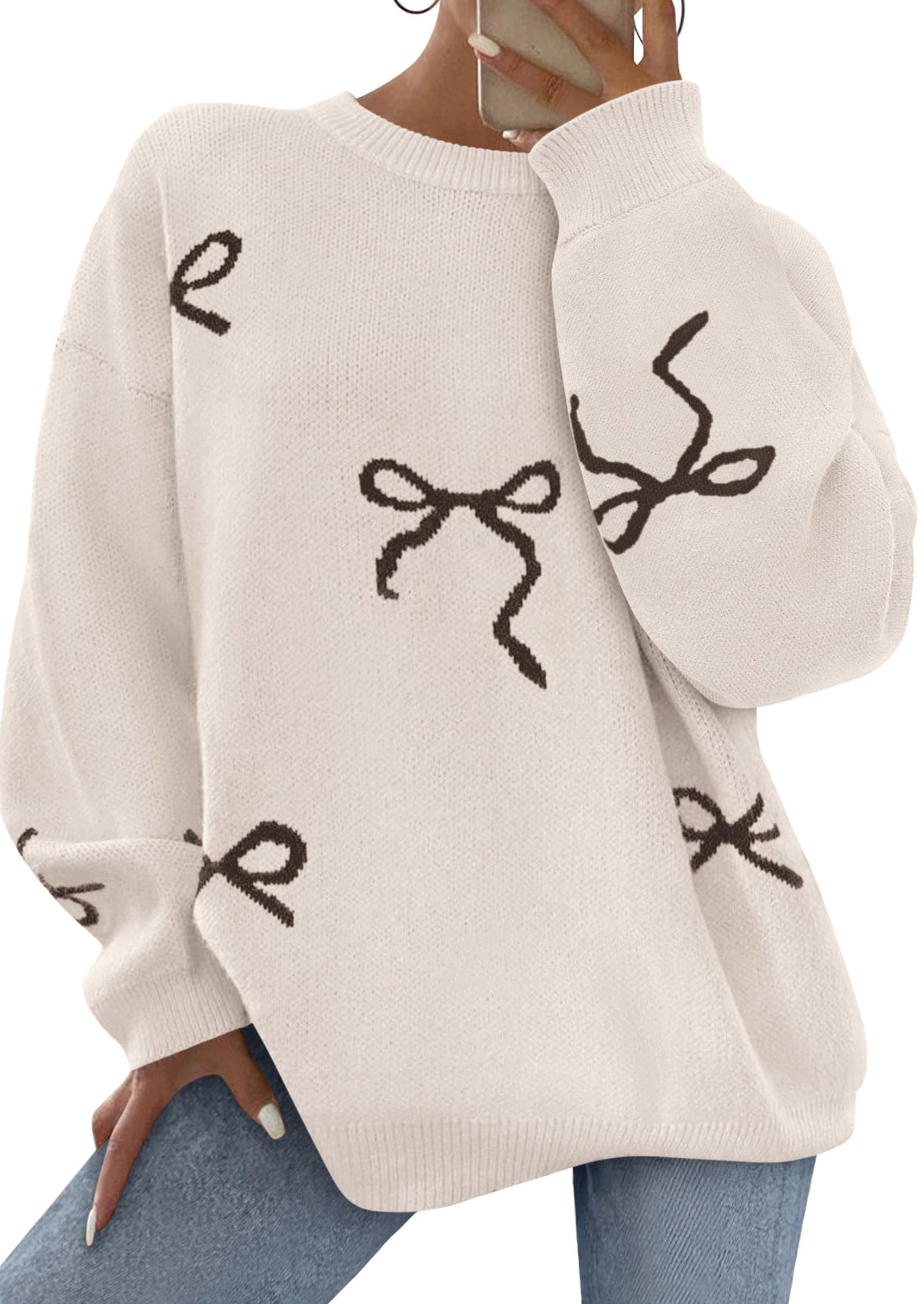 PRETTYGARDEN Fall Long Sleeve Pullover Sweaters for Women Trendy Crewneck Casual Cute Bow Chunky Knit Oversized Sweater
