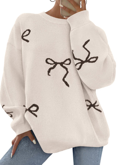 PRETTYGARDEN Fall Long Sleeve Pullover Sweaters for Women Trendy Crewneck Casual Cute Bow Chunky Knit Oversized Sweater