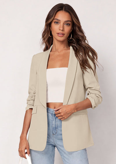 PRETTYGARDEN Women's Spring Blazers Business Casual Outfits Open Front Ruched 3/4 Sleeve Lightweight Work Suits Jackets PRETTYGARDEN