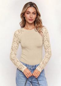 PRETTYGARDEN Sheer Lace Raglan Long Sleeve Shirts for Women | Soft Stretchy Knit,See Through Floral Sleeves,Crewneck Fitted Tshirts,Daily Going Out Tops,Office Layer,Fall Fashion Clothing