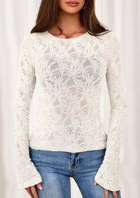 PRETTYGARDEN Womens Lace Long Bell Sleeve Tops Fall Sexy See Through Sheer Floral Blouse Shirt Fitted Going Out Outfits